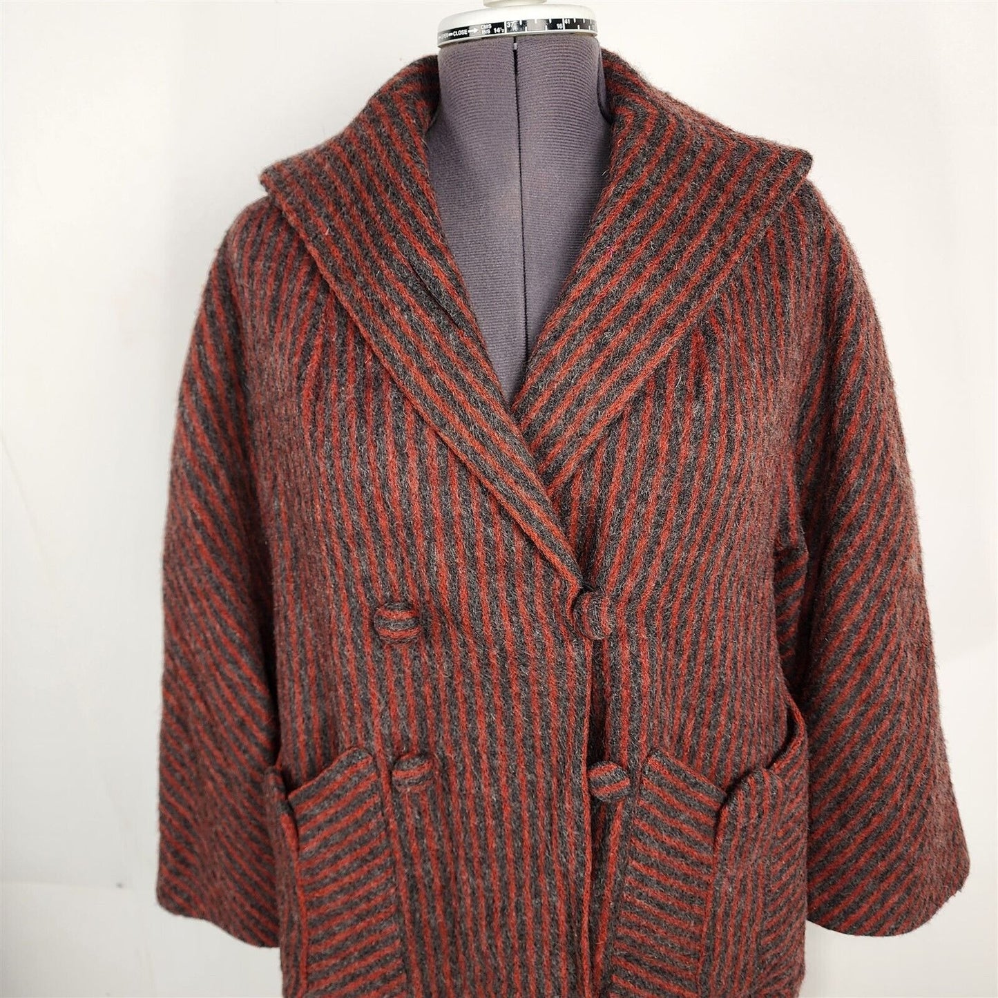 Vintage 1960s Red & Gray Striped Wool Coat Double Breasted Size Womens L