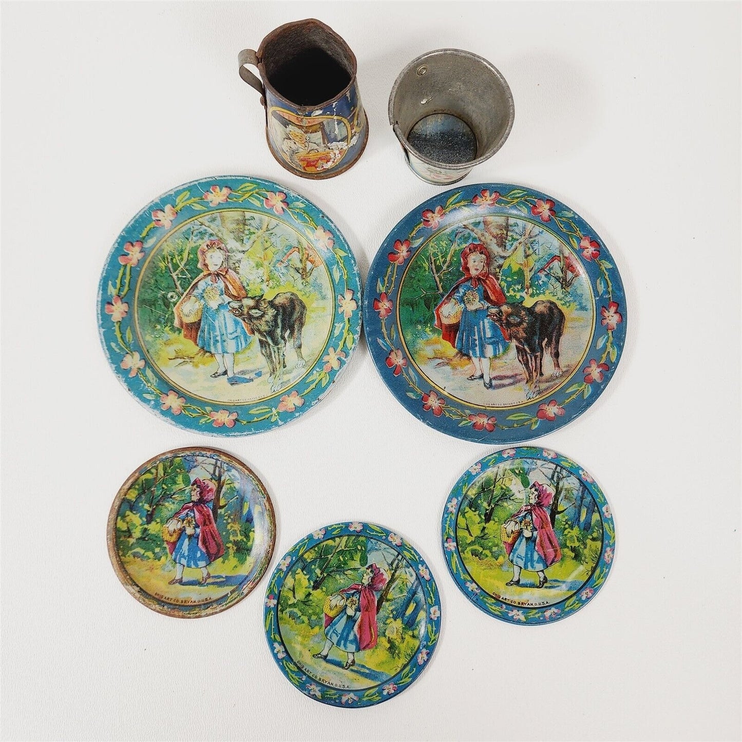 Vintage 7 Piece Vintage Ohio Art Red Riding Hood Childs Tea Set Tin Litho