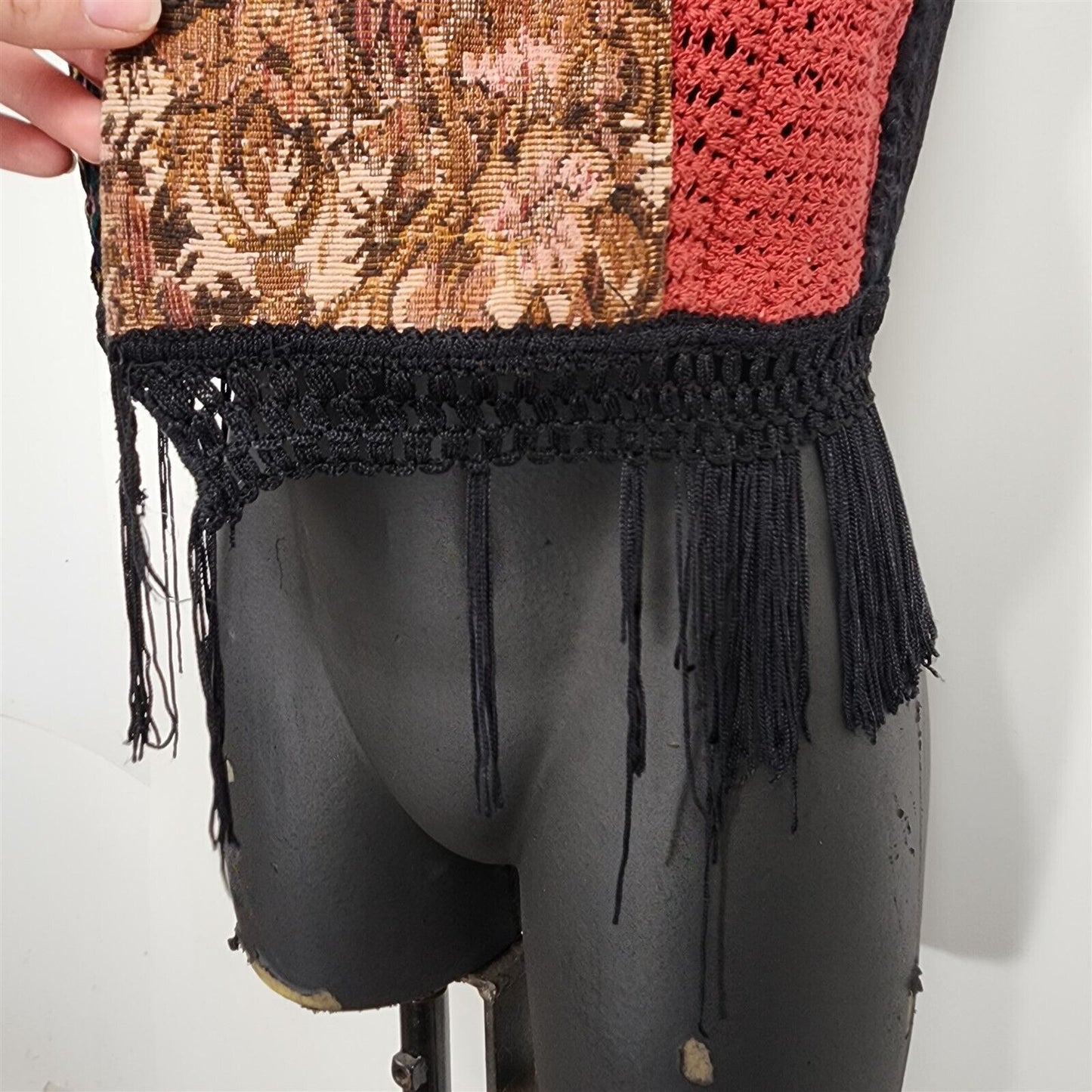 Vintage 1990s Tangibles Patchwork Colorful Black Fringe Vest Womens M