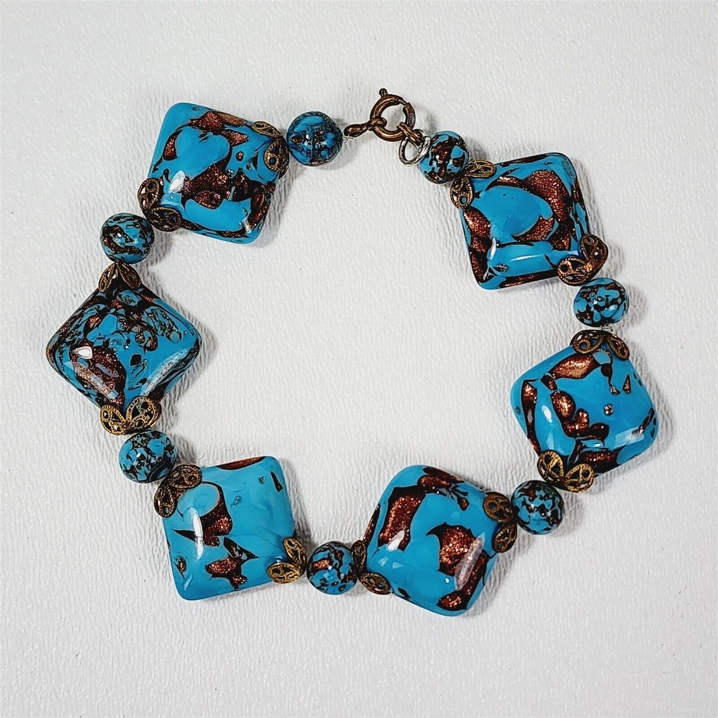 Vintage Venetian Murano Copper Swirl Blue Art Glass Beaded Necklace Bracelet Set