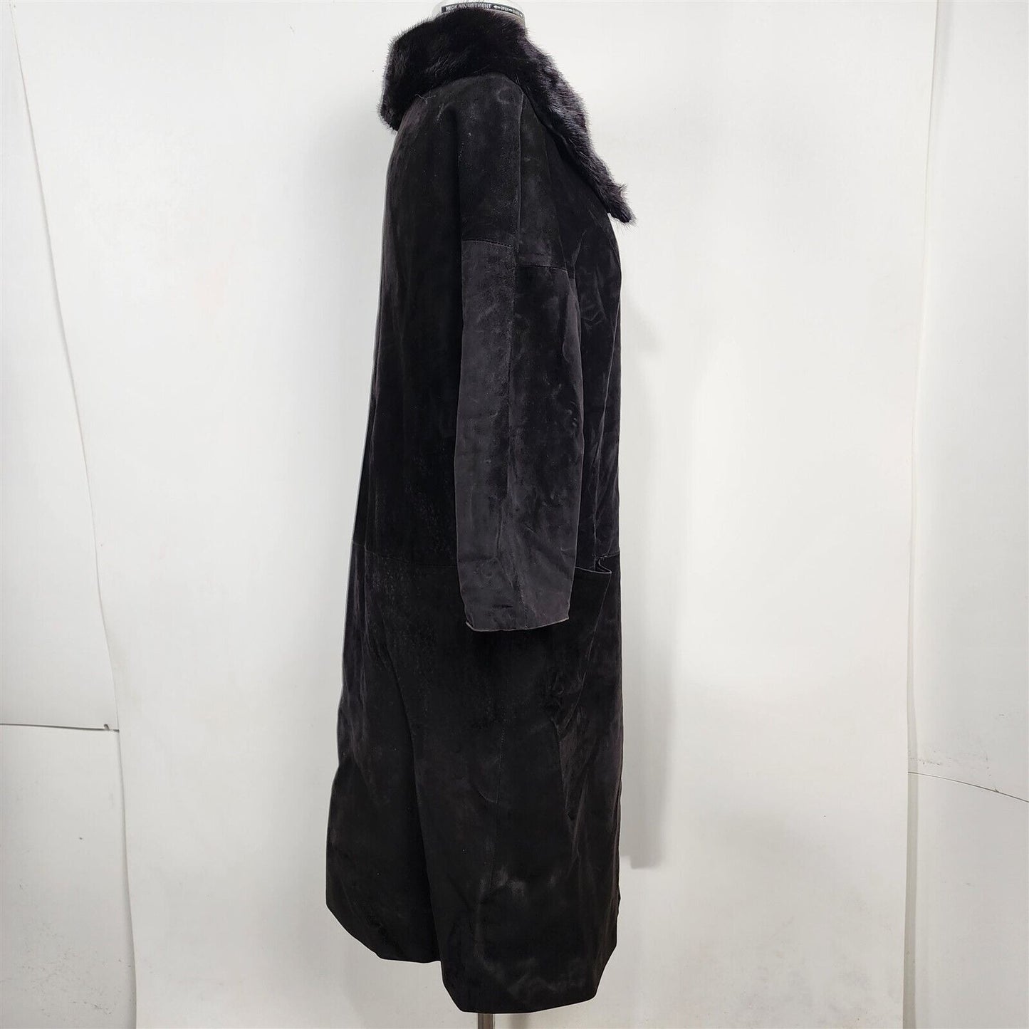 Vintage Black Soft Suede Leather Jacket Coat w/ Mink Fur Collar Womens L