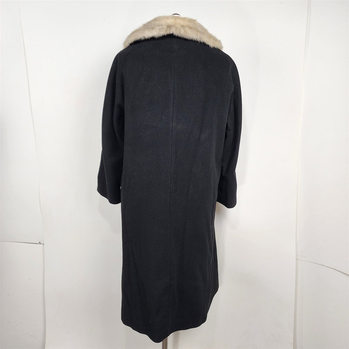 Vintage Black Wool Long Union Made Coat with Real Fur Collar Trim