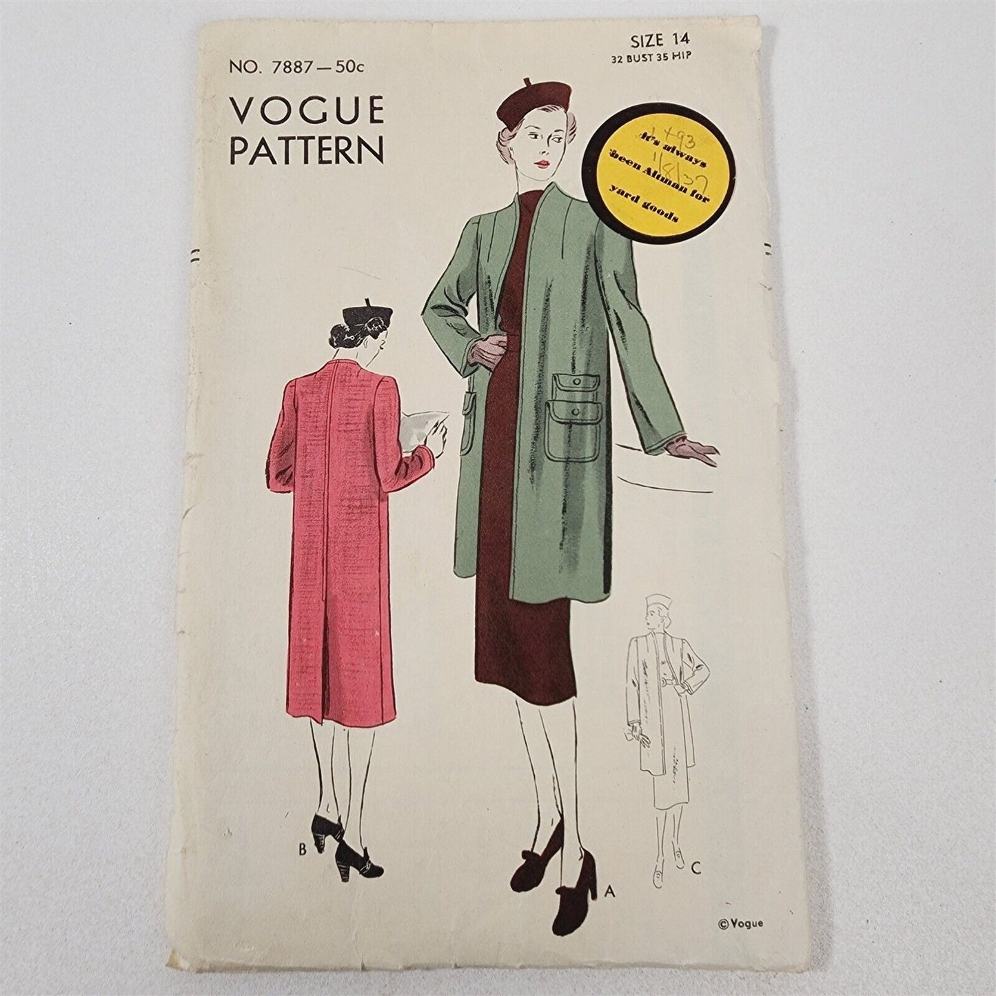 Vintage Vogue Sewing Pattern No. 7887 Womens Coat Size 14