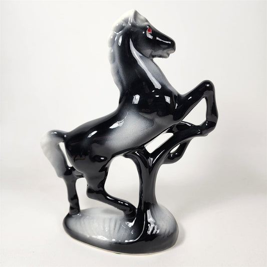 Vintage Black White Ceramic Prancing Horse Rearing Red Rhinestone Eyes Figurine