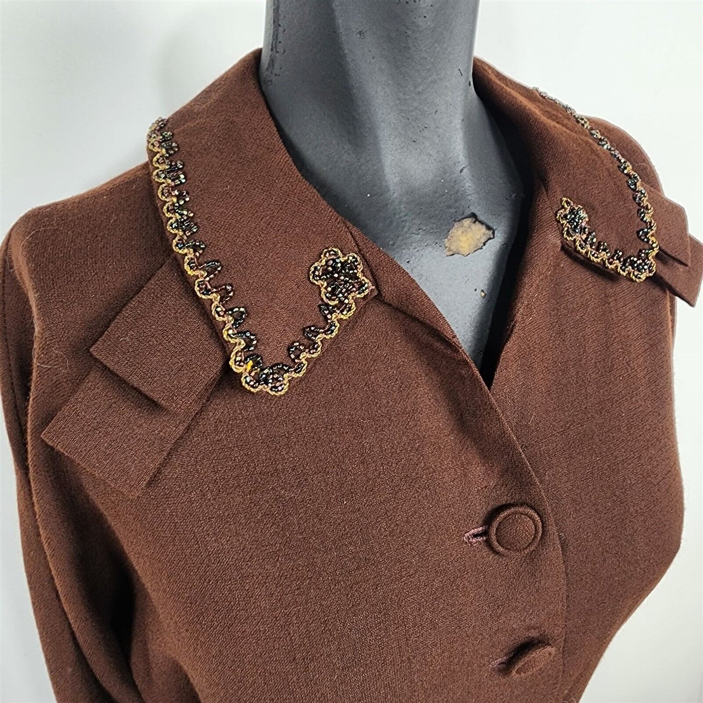 Vintage 1950s Lipman Wolfe Co. Brown 3/4 Sleeve Dress with Beaded Trim