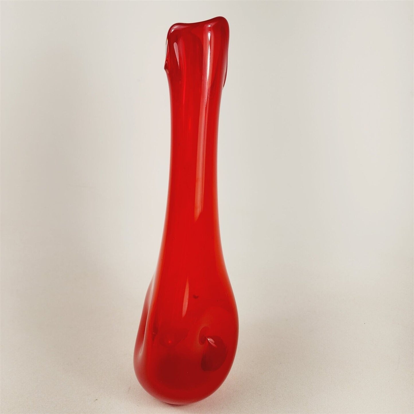 Vintage MCM Red Swung Vase Dimpled Pinched Waffle Bottom - 16 1/2" tall