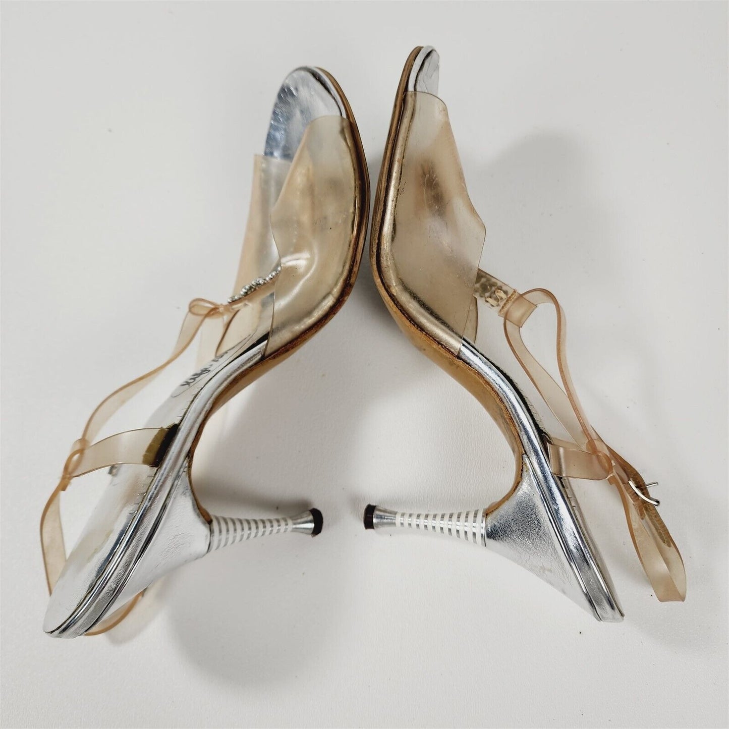 Vintage LifeStride Silver Clear Strappy Rhinestone Bling Heels Size 6.5 AA