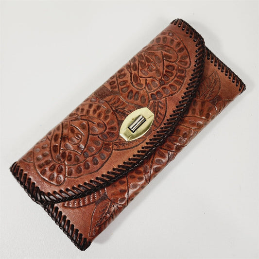 Vintage Tooled Leather Floral Laced Edge Tri-Fold Wallet - Initials M. B.