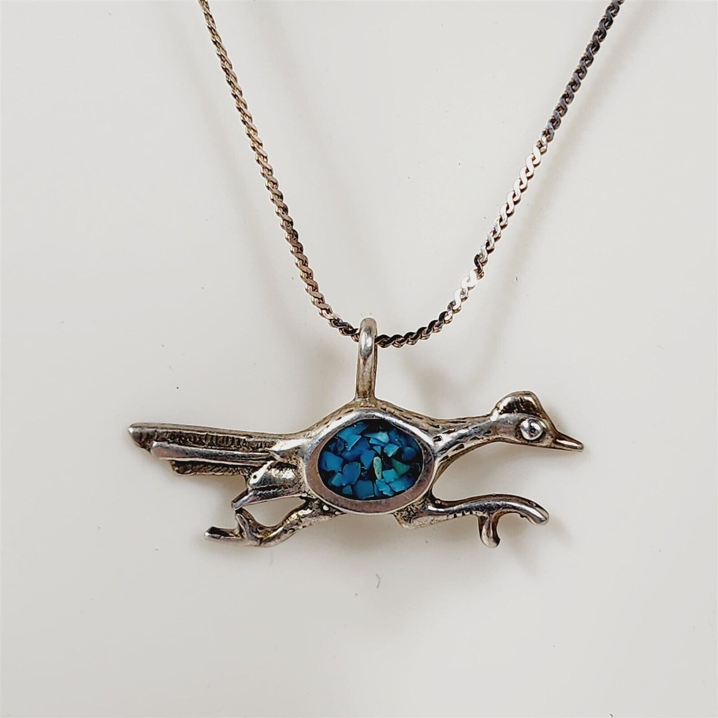 Vintage Road Runner Desert Bird Crushed Turquoise Sterling Silver Necklace 18”