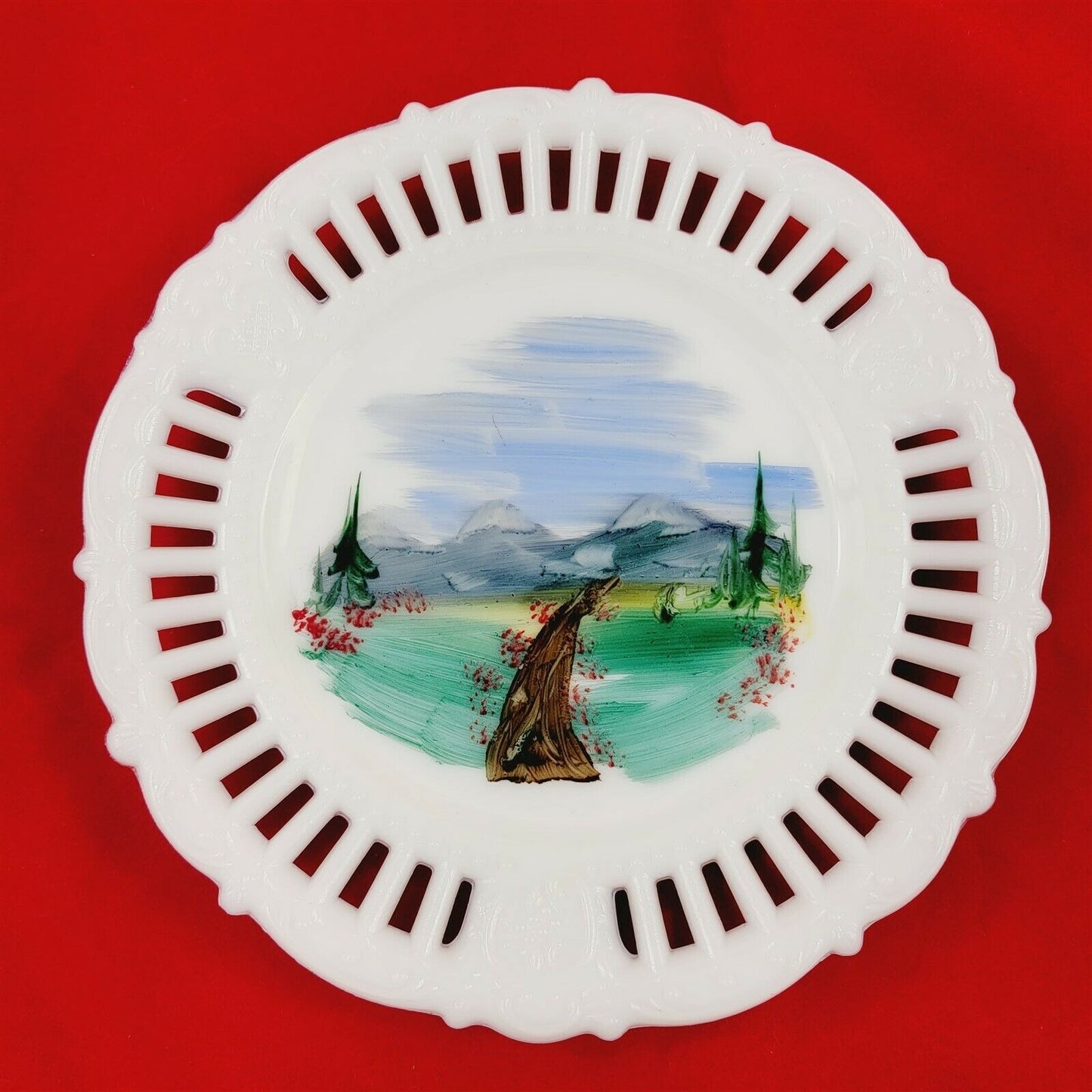 2 Vintage Milk Glass Plates Painted Landscape Scenery Mountains Barn Trees Fence