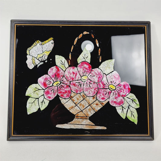 Vintage Reverse Silhouette Foil Art Colored Butterfly Flower Basket