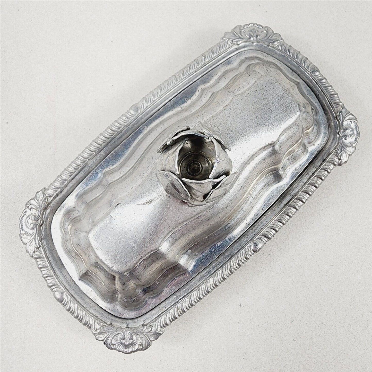 Vintage Aluminum Covered Butter Dish Rose Flower Glass Insert Tray