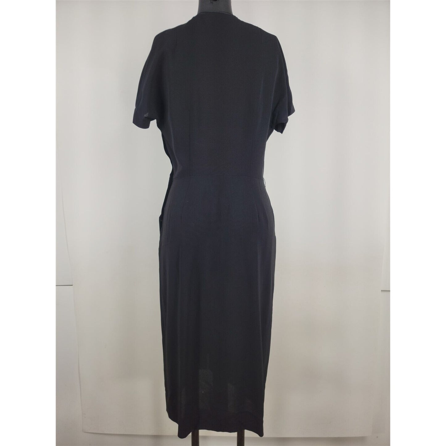 Vintage 1950s Black Short Sleeve Crepe Zip Front Dress Womens Size S/M