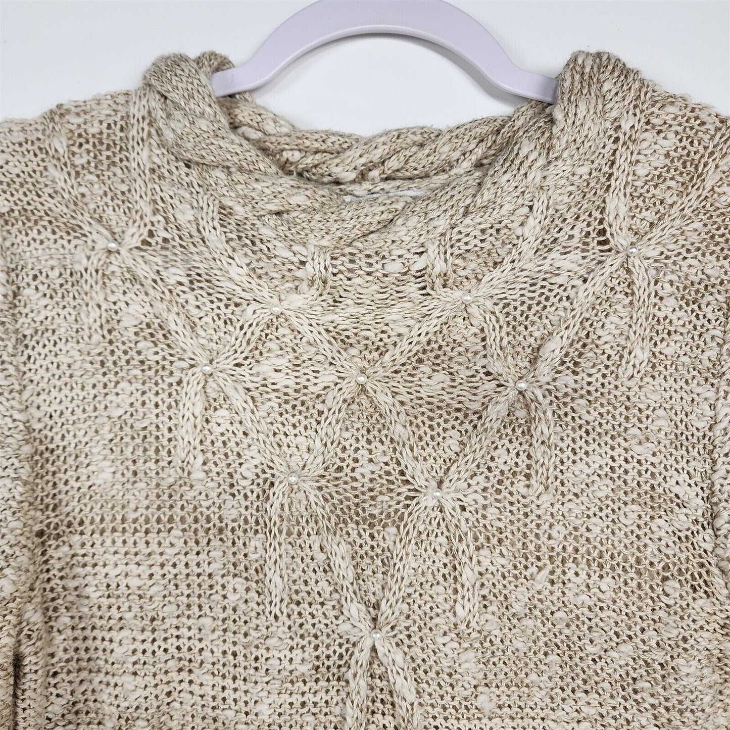 Vintage Shapely Knit Beige Beaded Sweater Womens Size S