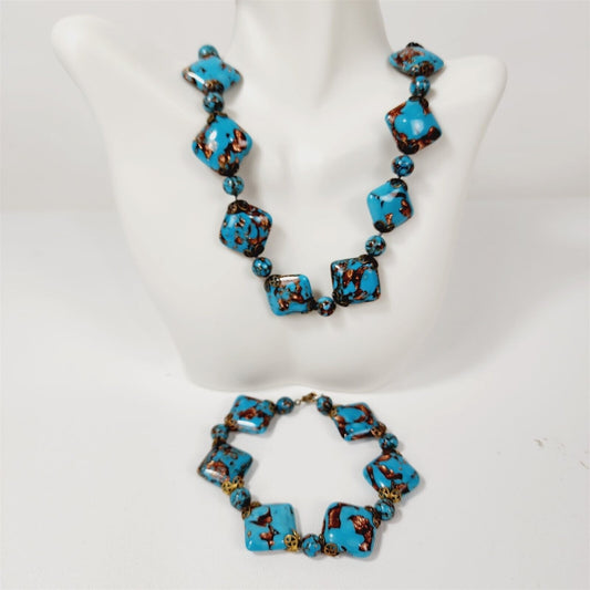 Vintage Venetian Murano Copper Swirl Blue Art Glass Beaded Necklace Bracelet Set