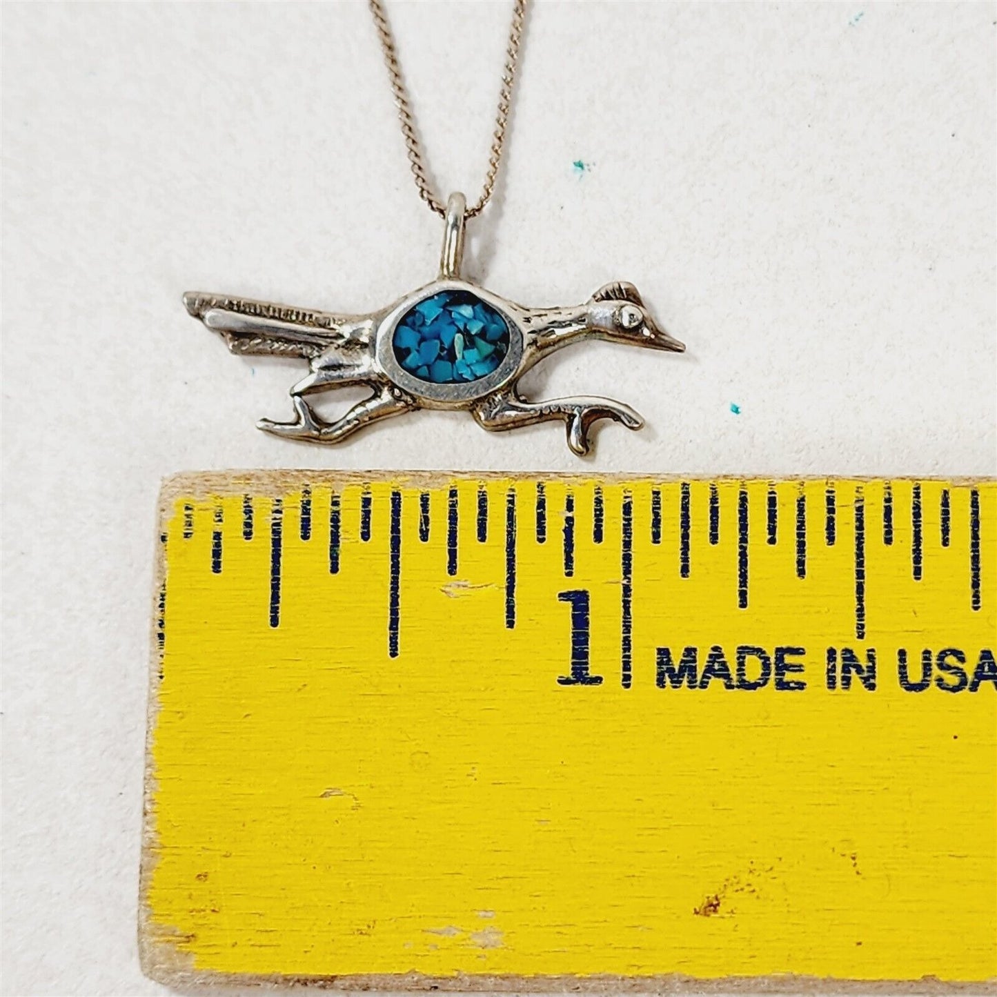 Vintage Road Runner Desert Bird Crushed Turquoise Sterling Silver Necklace 18”