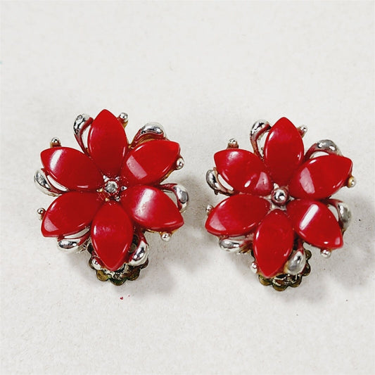 Vintage Red Flower Plastic Bakelite Clip On Silver Tone Earrings