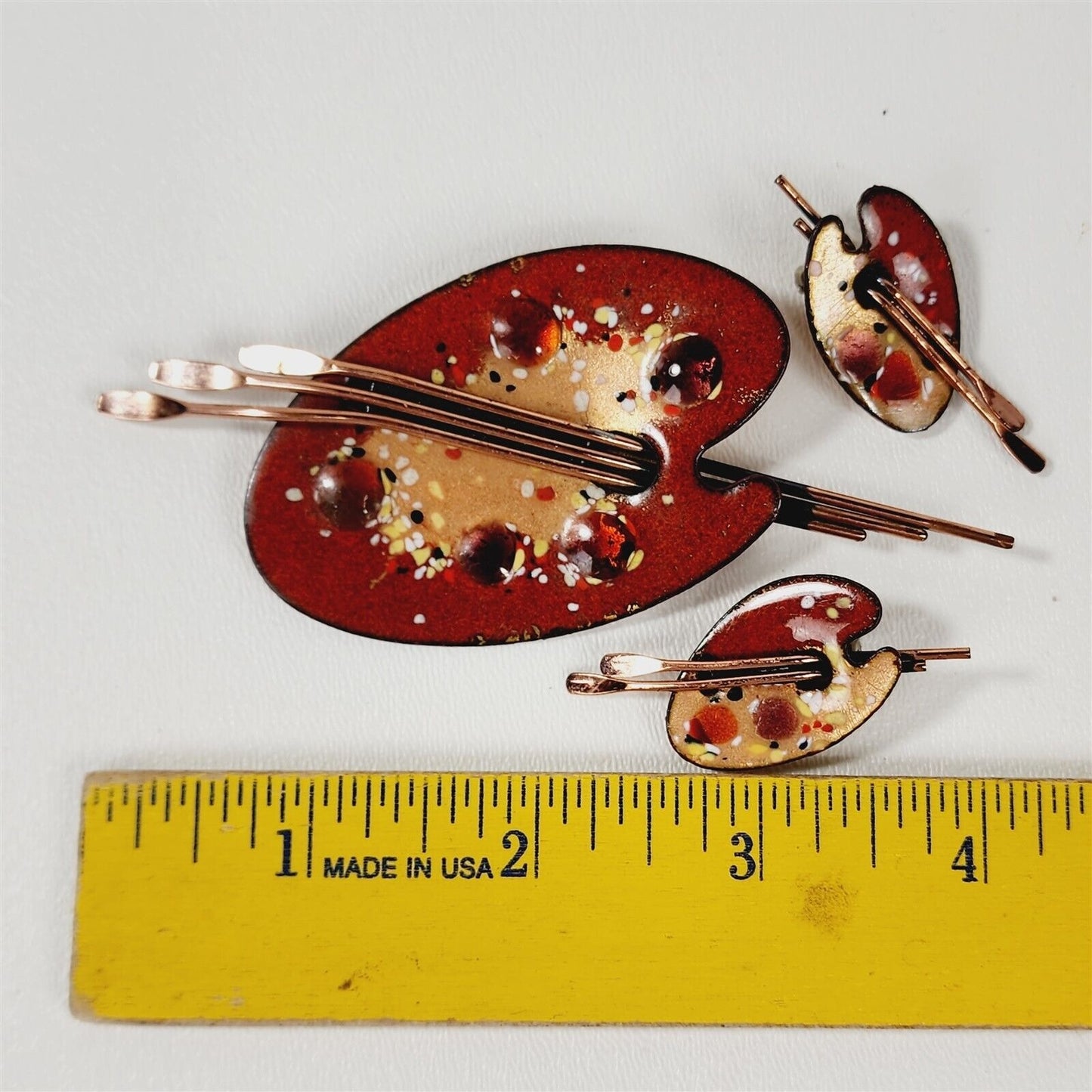 Vintage Matisse Renoir Copper Painter Palette Red Earrings Brooch Pin