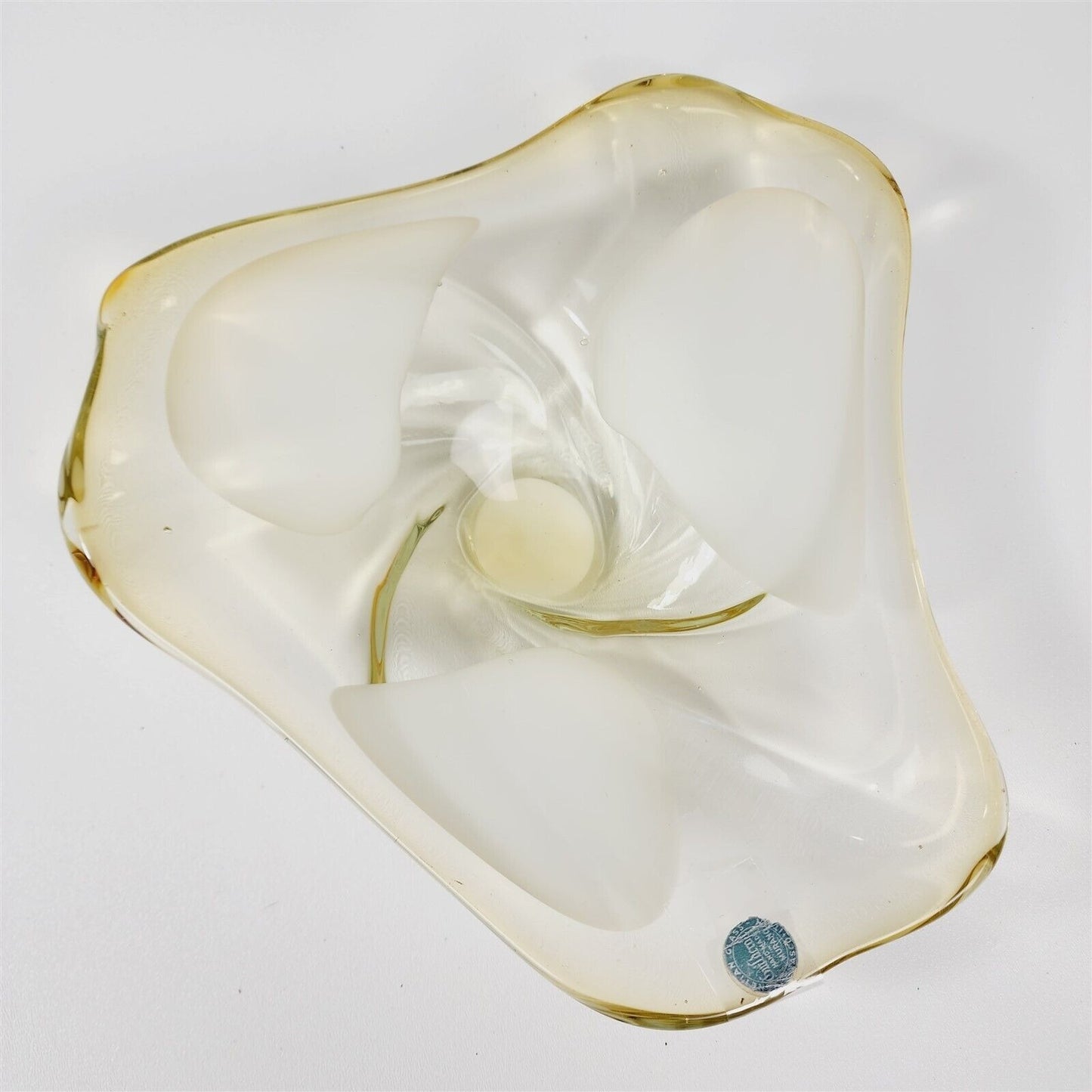 Vintage Murano Guildcraft Art Glass Abstract Yellow White Dish - 11 1/2"