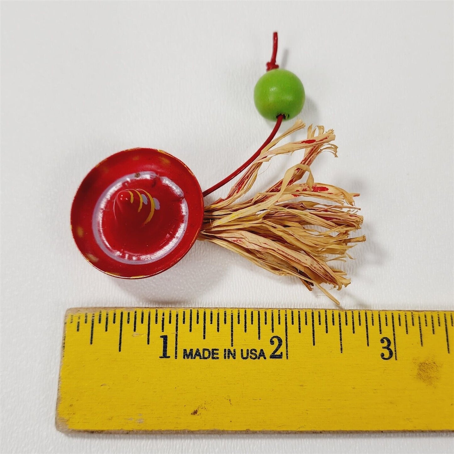 Vintage Red Plastic Sombrero Hat Straw Green Dangle Bead Brooch Pin