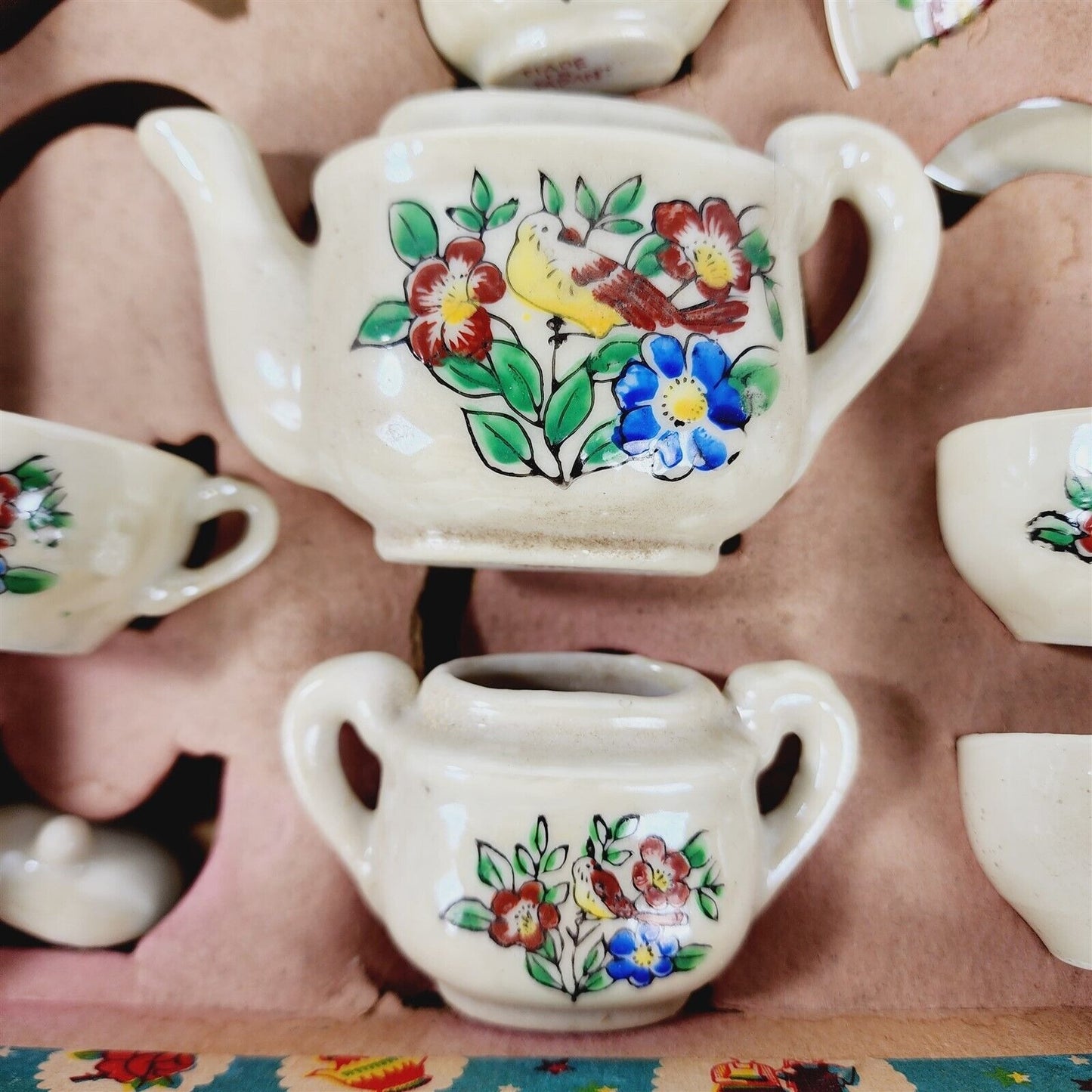 Vintage 7 Piece Lusterware Childs Tea Set Cream Floral Dishes in Original Box