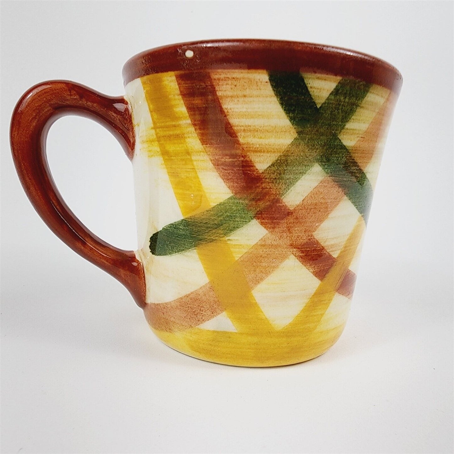 4 Piece Vernonware Gingham Organdie Yellow Brown Green 2 Cups 2 Plates