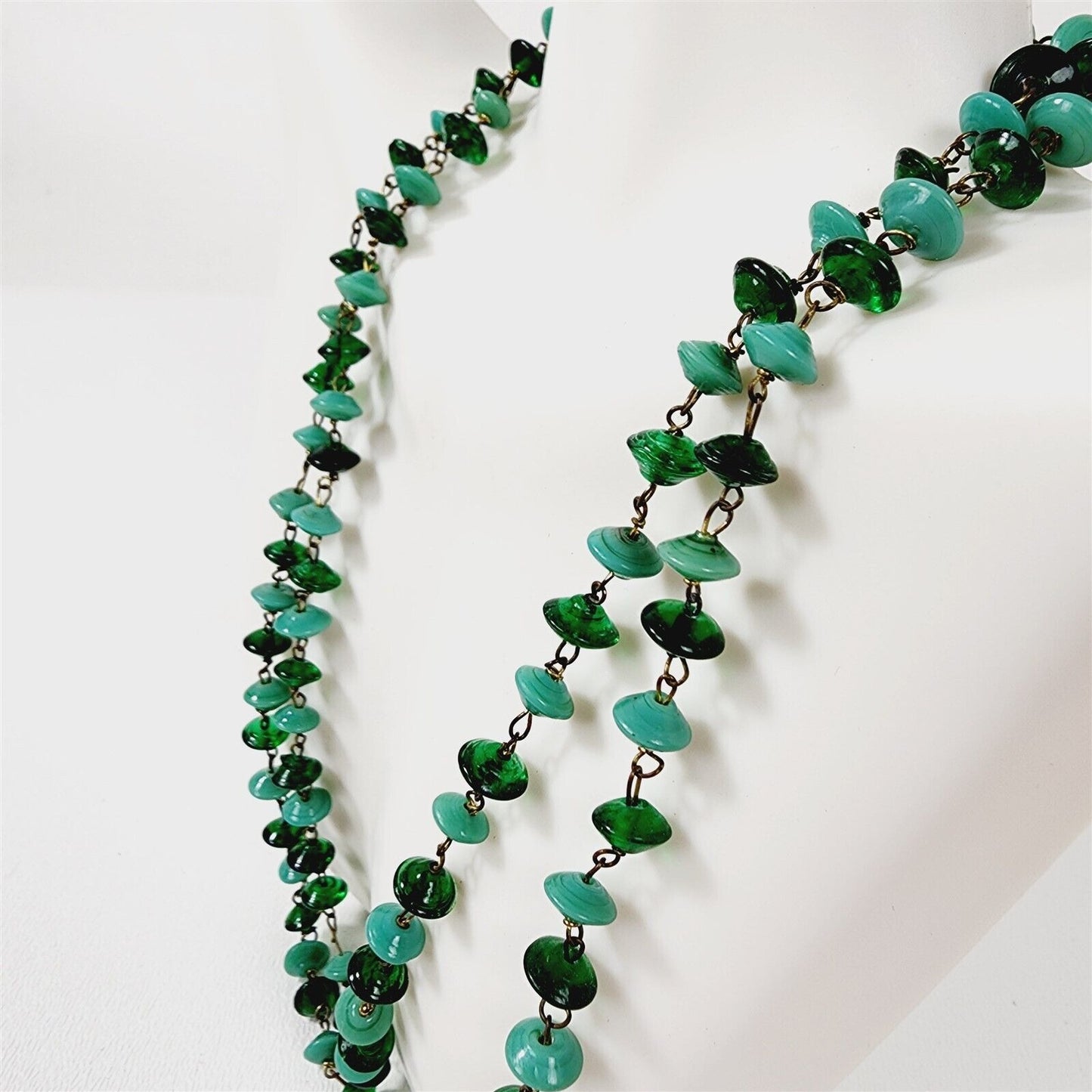 Vintage Blue & Green Glass Beaded Chain Flapper Necklace - 35"