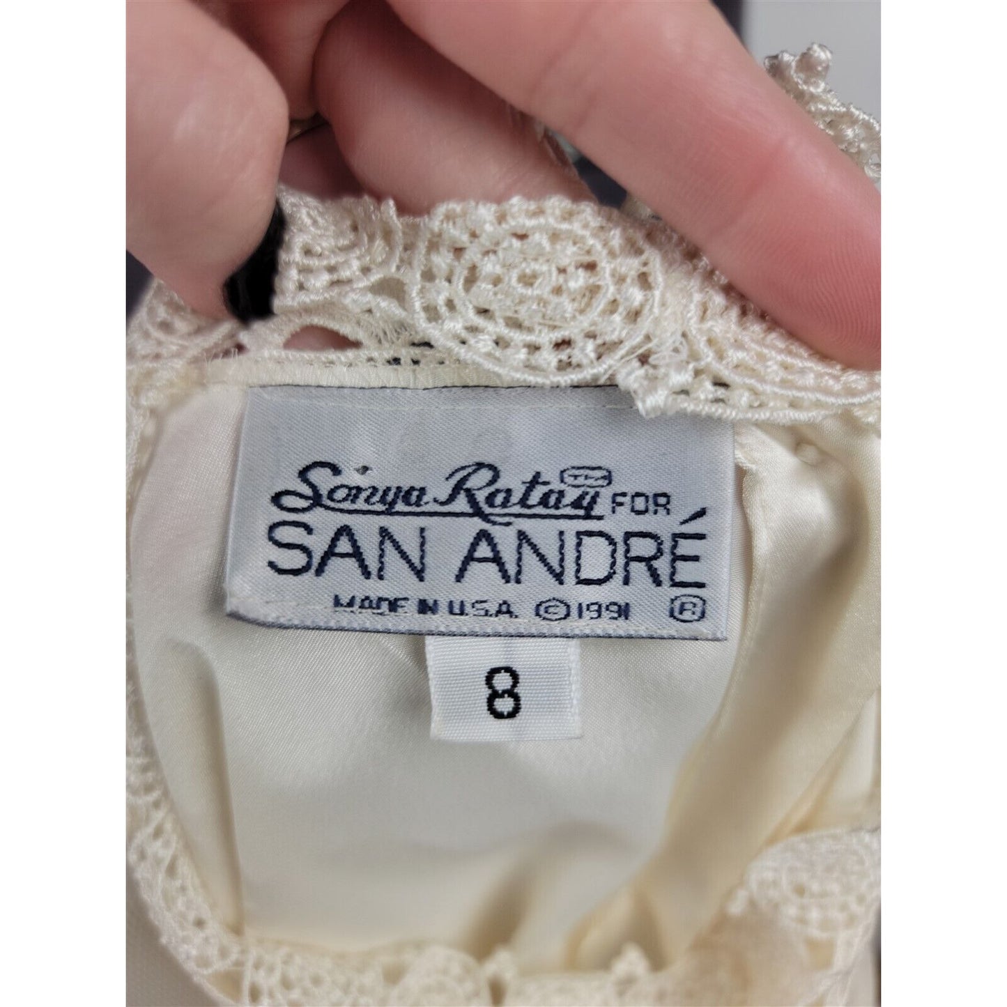 Vintage 1990s Sonya Ratay San Andre Satin Lace Blouse Victorian High Neck Size 8