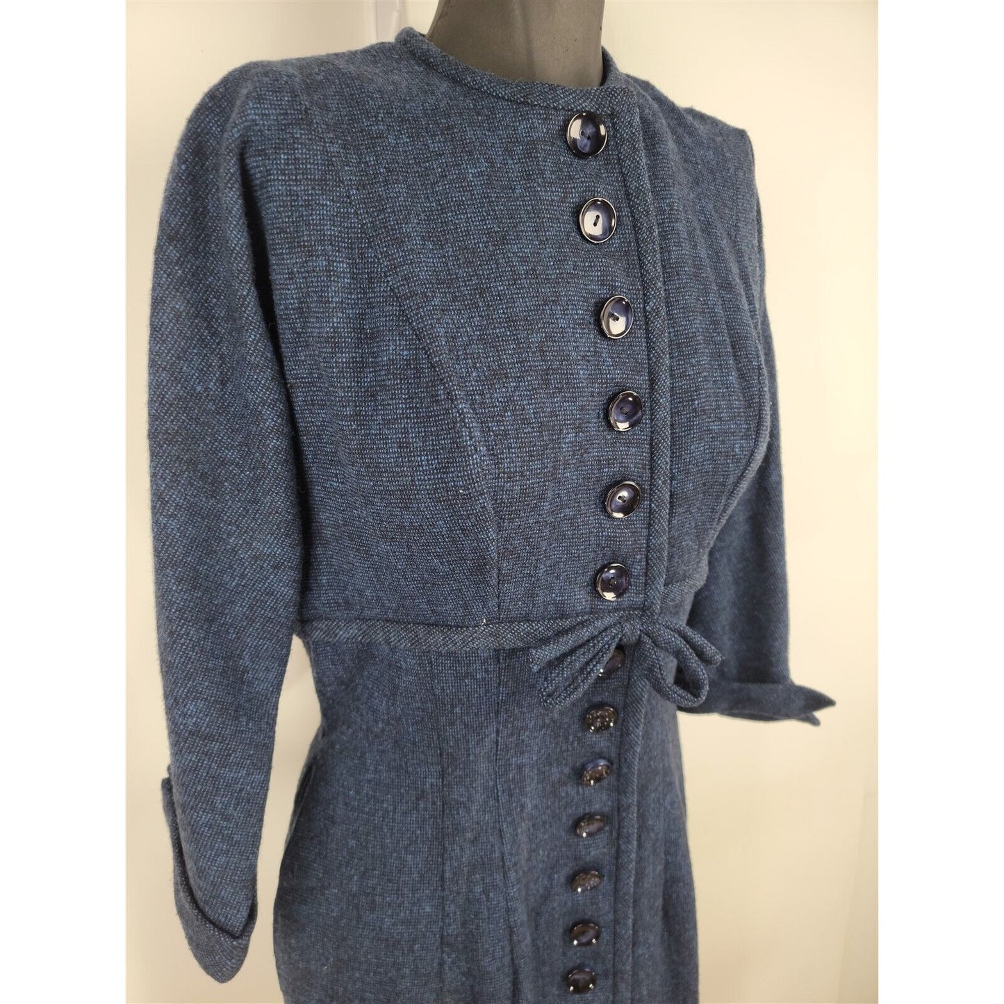 Vintage 1950s R&K Originals Navy Blue Wool Button Front Dress Womens M