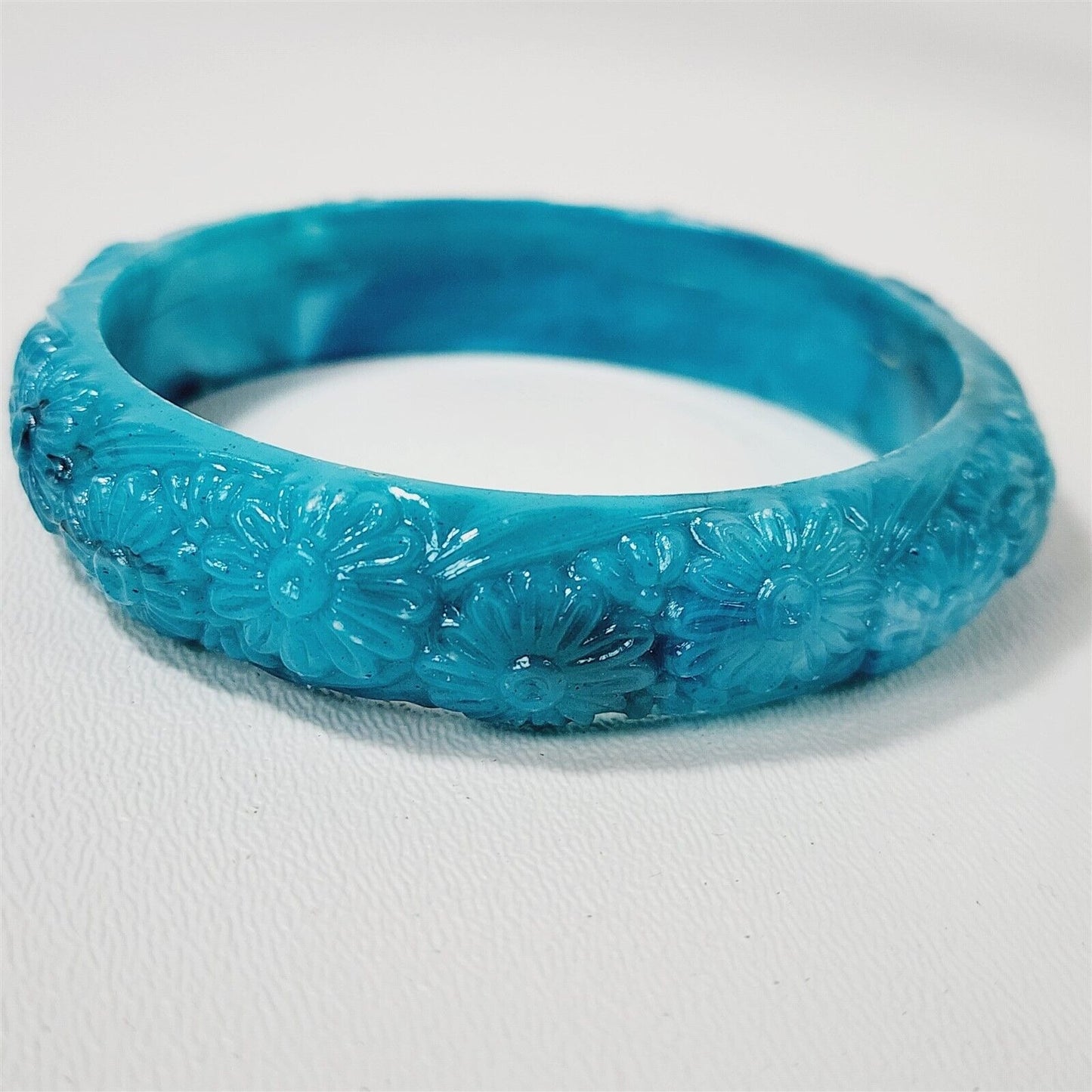 Vintage 1970s Blue Floral Molded Plastic End of Day Swirl Bangle Bracelet