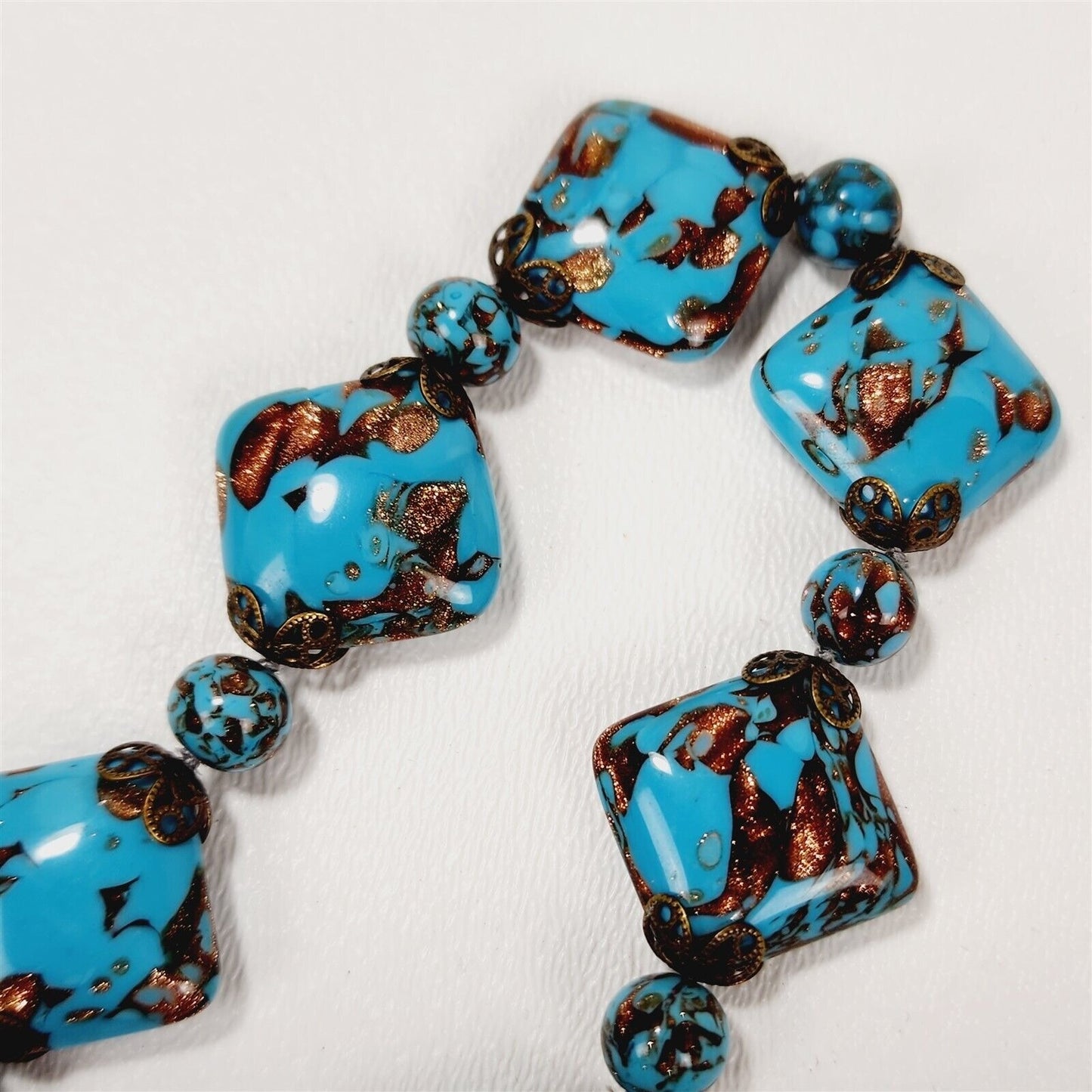 Vintage Venetian Murano Copper Swirl Blue Art Glass Beaded Necklace Bracelet Set