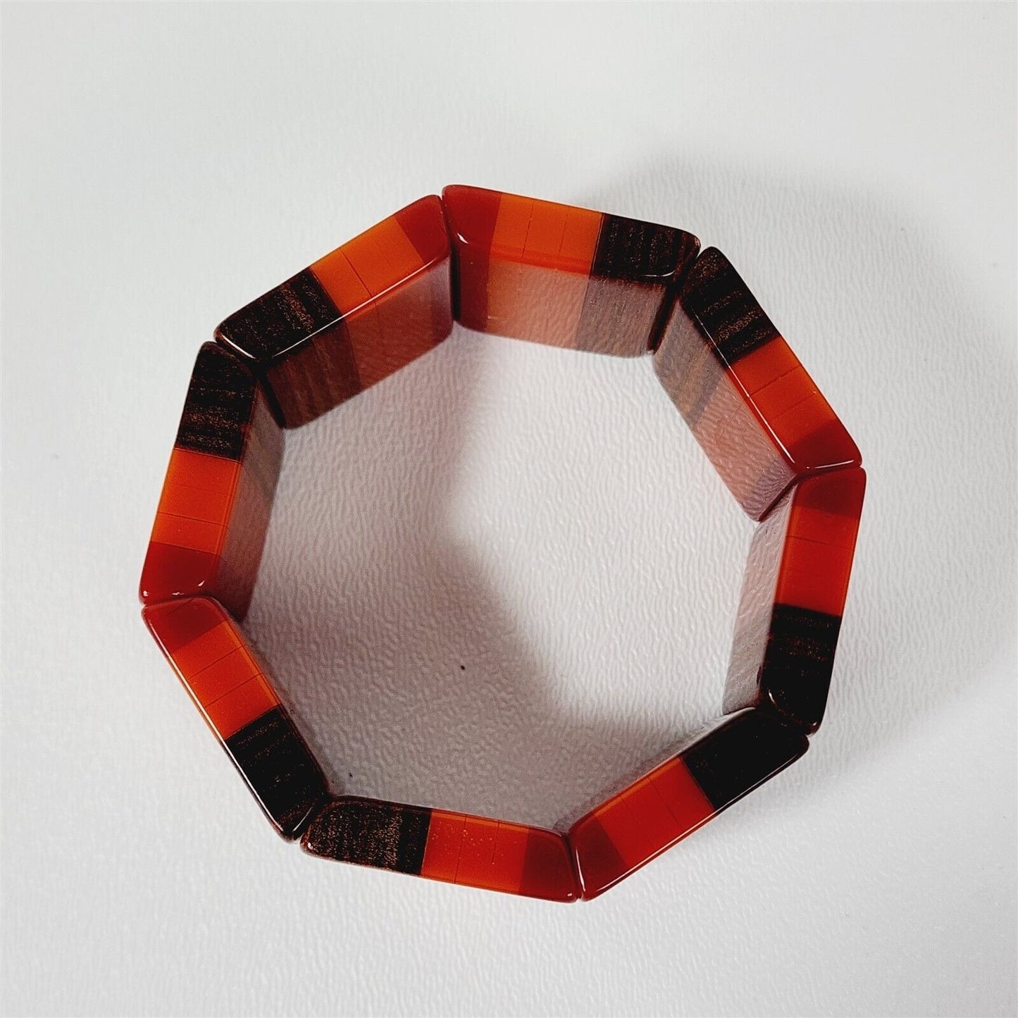 Vintage Red Orange & Wood Tone Lucite Stretch Bracelet