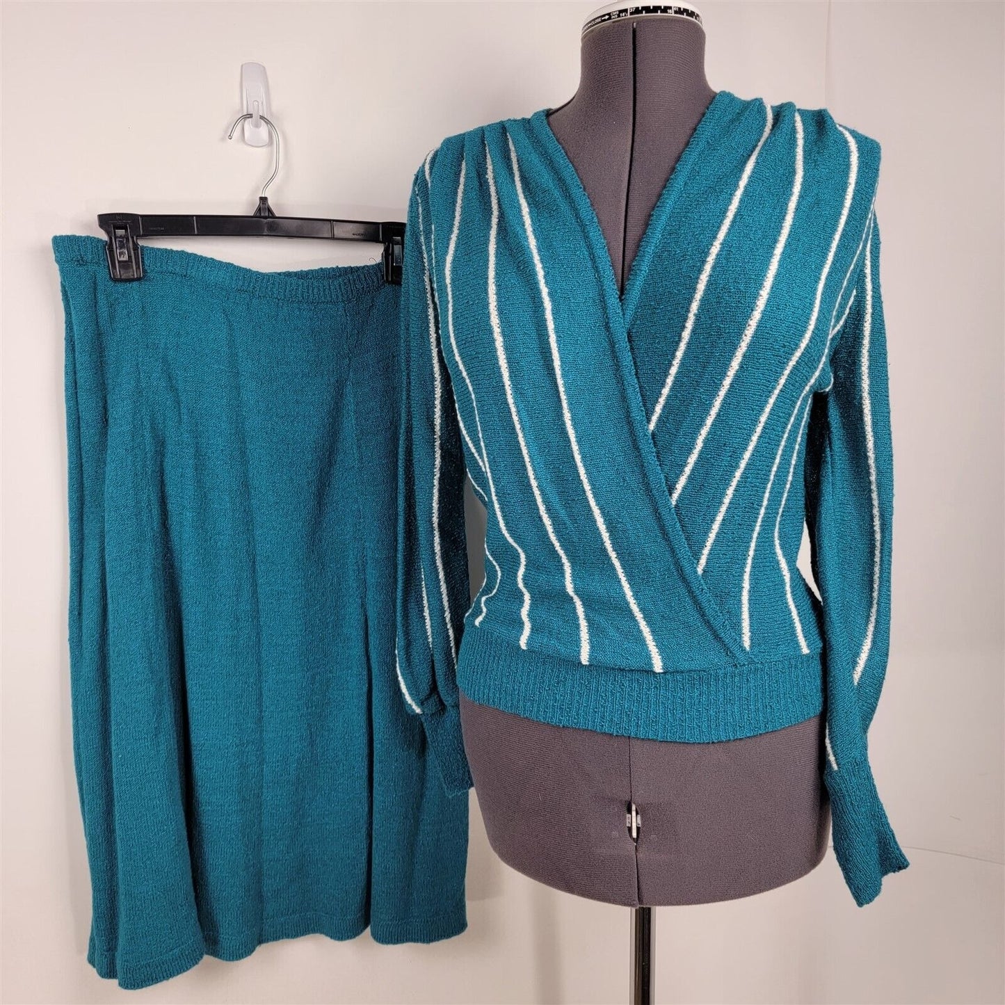 Vintage 1970s Just-Mort Skirt Sweater Top 2 Piece Set Teal Striped Womens Size S