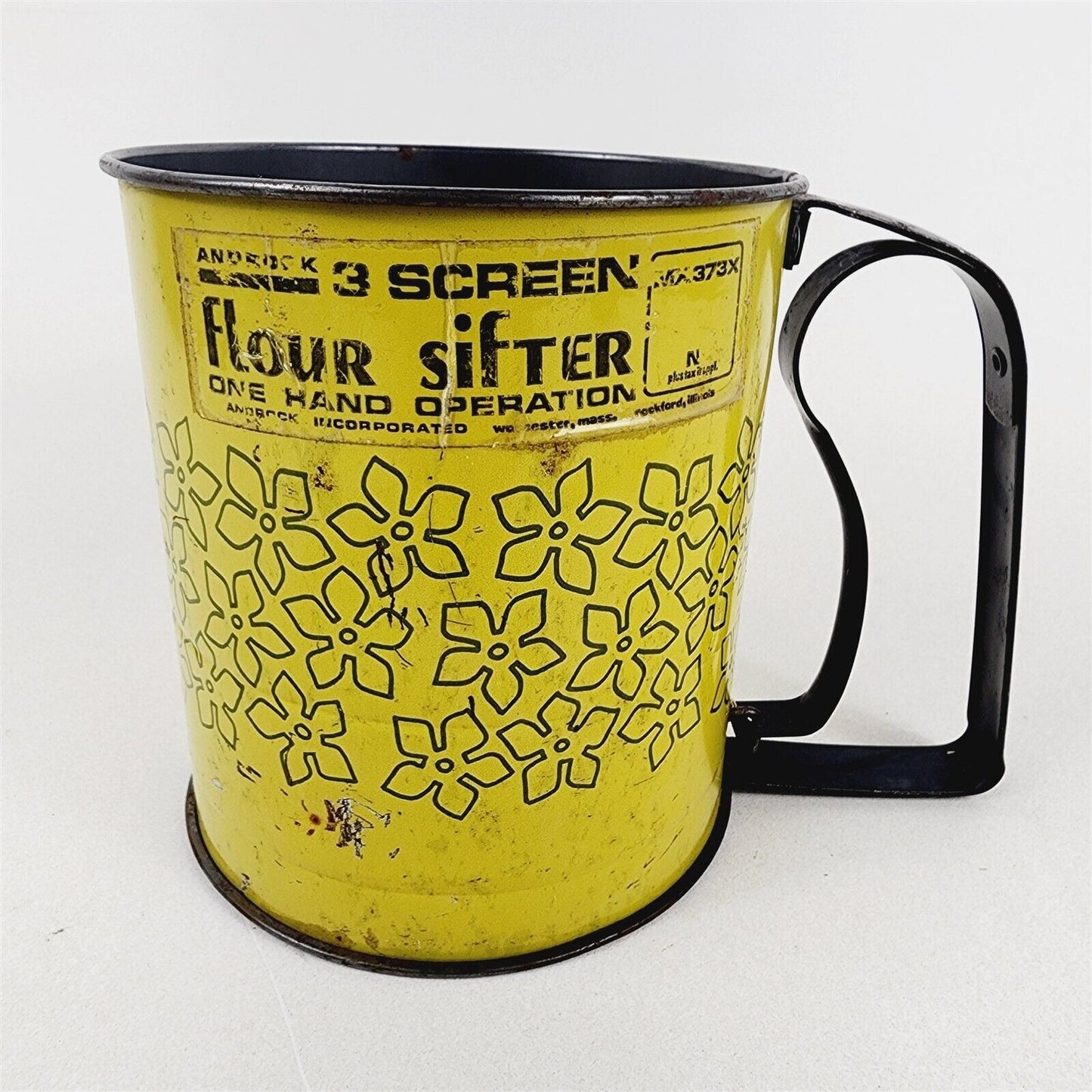 Vintage Androck Metal 3 Screen Flour Sifter Yellow/Green w/ Original Label