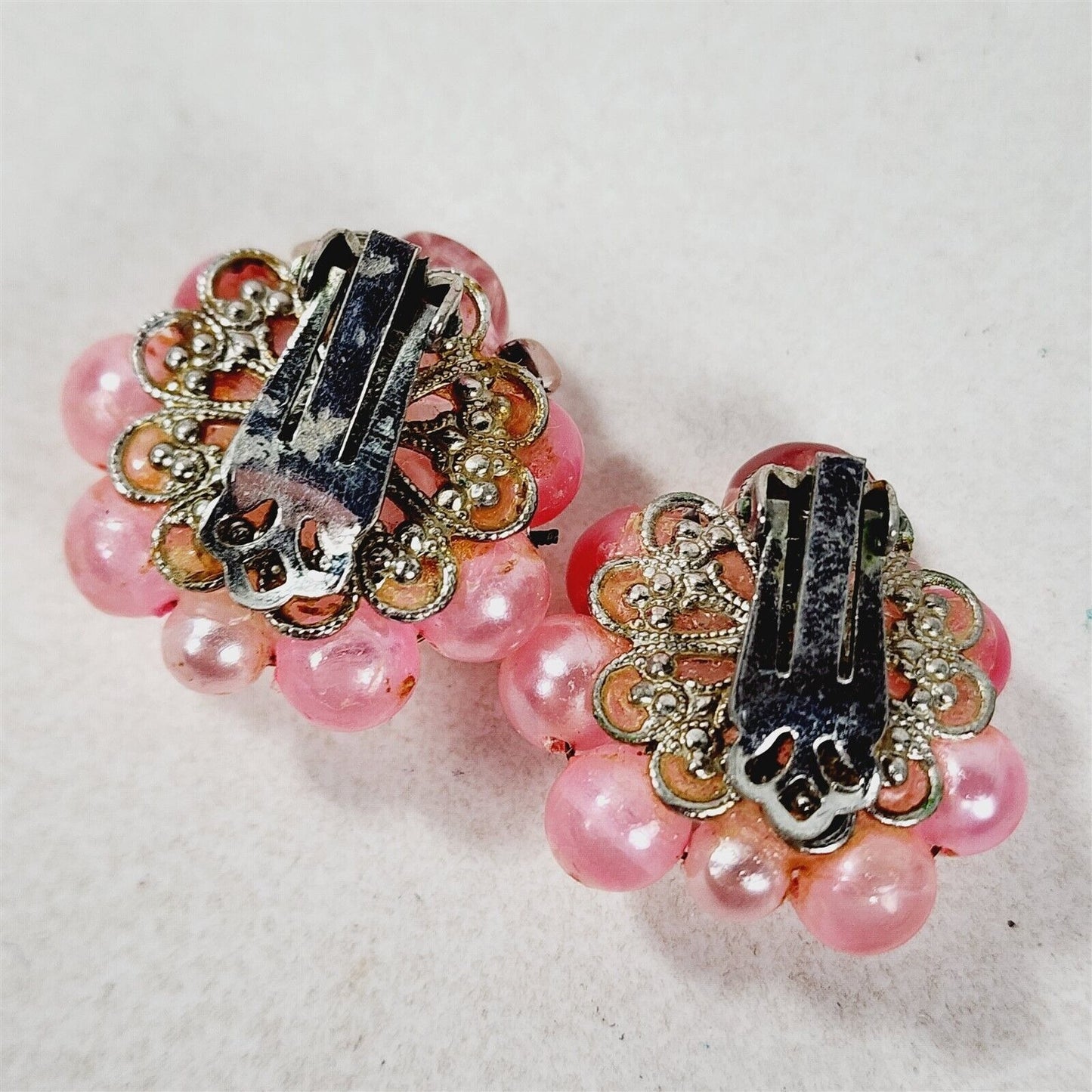 Vintage Pink Beaded Necklace with Cluster Clip On Earrings