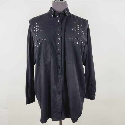 Vintage J Jordan Black Long Sleeve Bling Rhinestone Button Up Blouse Womens M