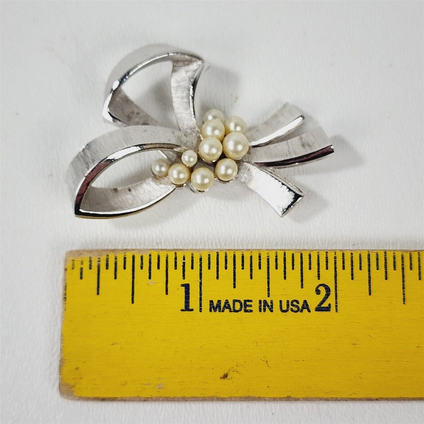 Vintage Trifari Silver Tone Faux Pearl Ribbon Bow Brooch Pin