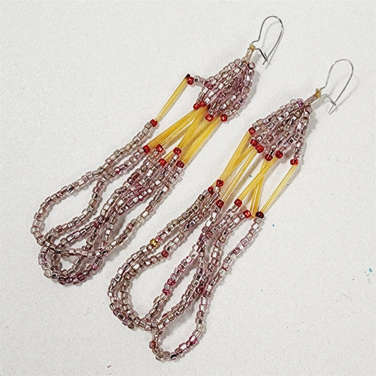 Vintage Native American Porcupine Quill Light Pink Seed Bead Earrings Boho