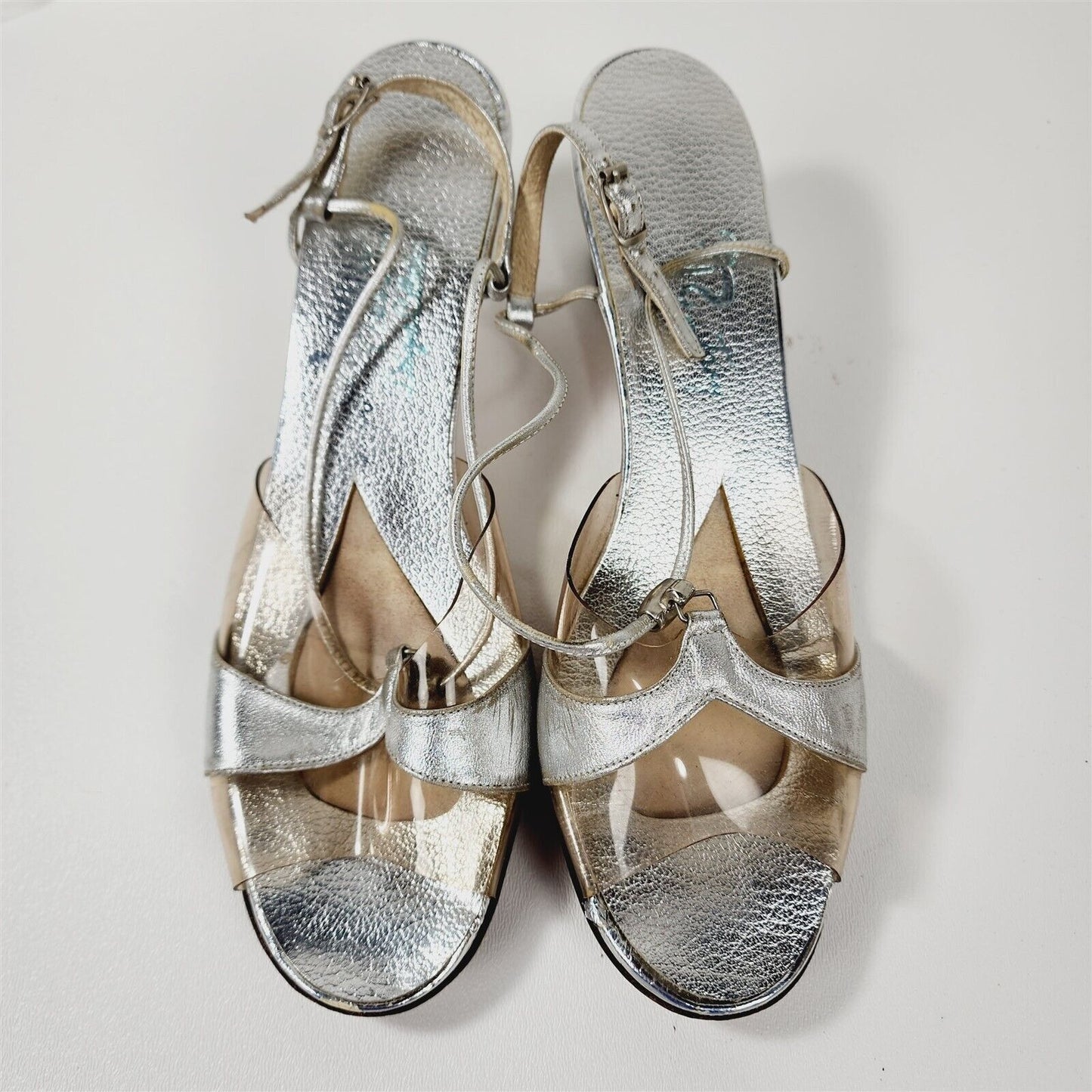 Vintage Amano Silver Metallic Clear Strappy Block Heels Pumps Size 7.5