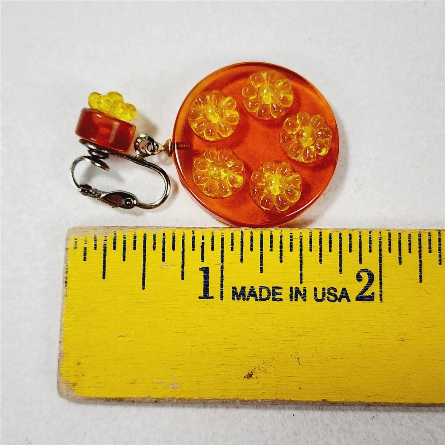 Vintage Orange & Yellow Flower Power Dangle Lucite Clip On Earrings