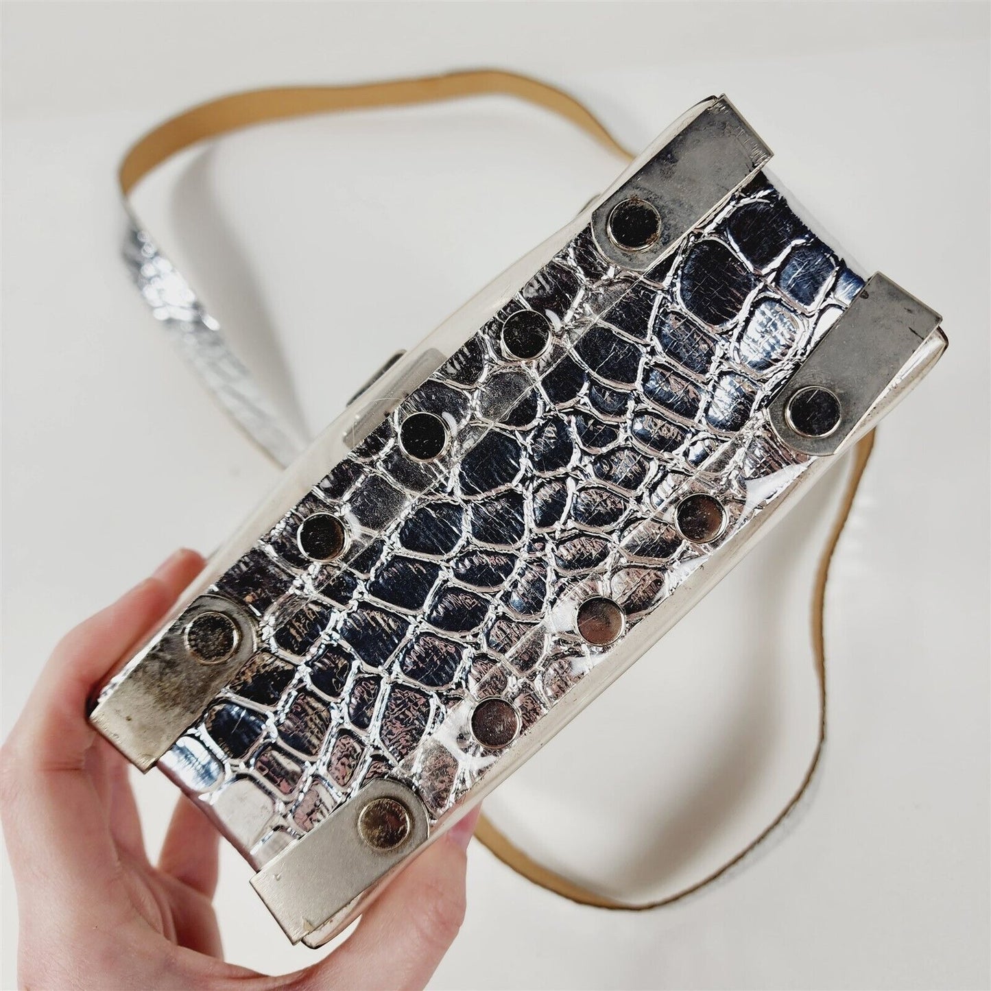 Vintage Clear Plastic Faux Silver Chrome Alligator Purse Shoulder Bag