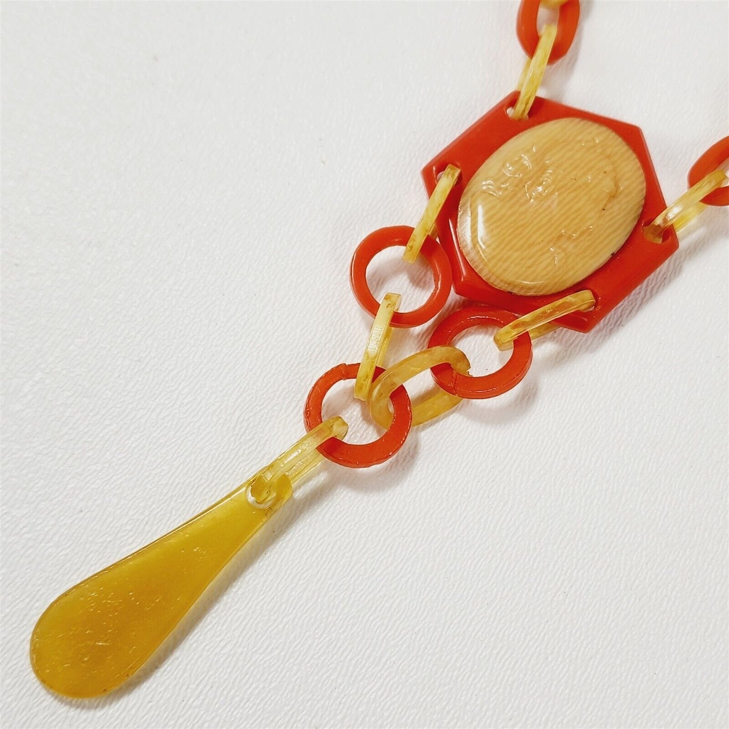 Vintage Yellow & Orange Celluloid Cameo Chain Link Necklace - 15"