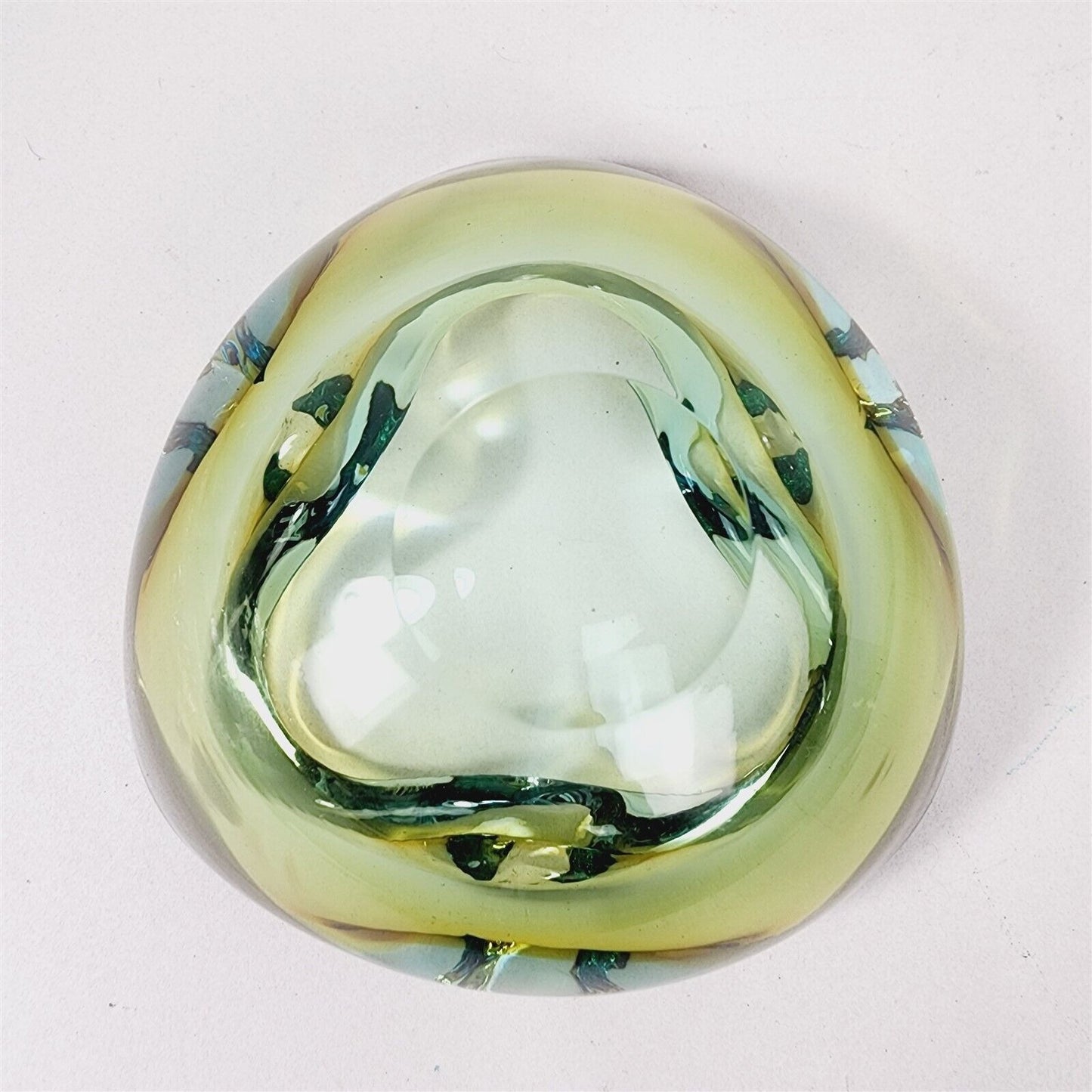 Vintage MCM Art Glass Dish Ashtray Bowl Green Blue Rim