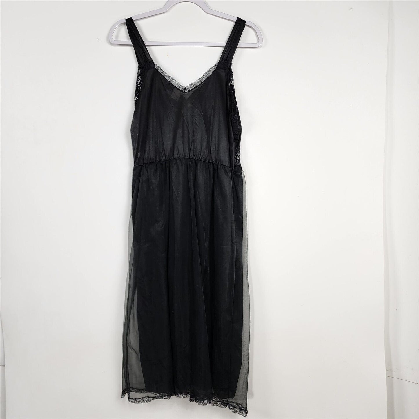 Vintage Black Lace Lingerie Two Piece Set Gown Slip Dress & Cover Peignoir Sz 36