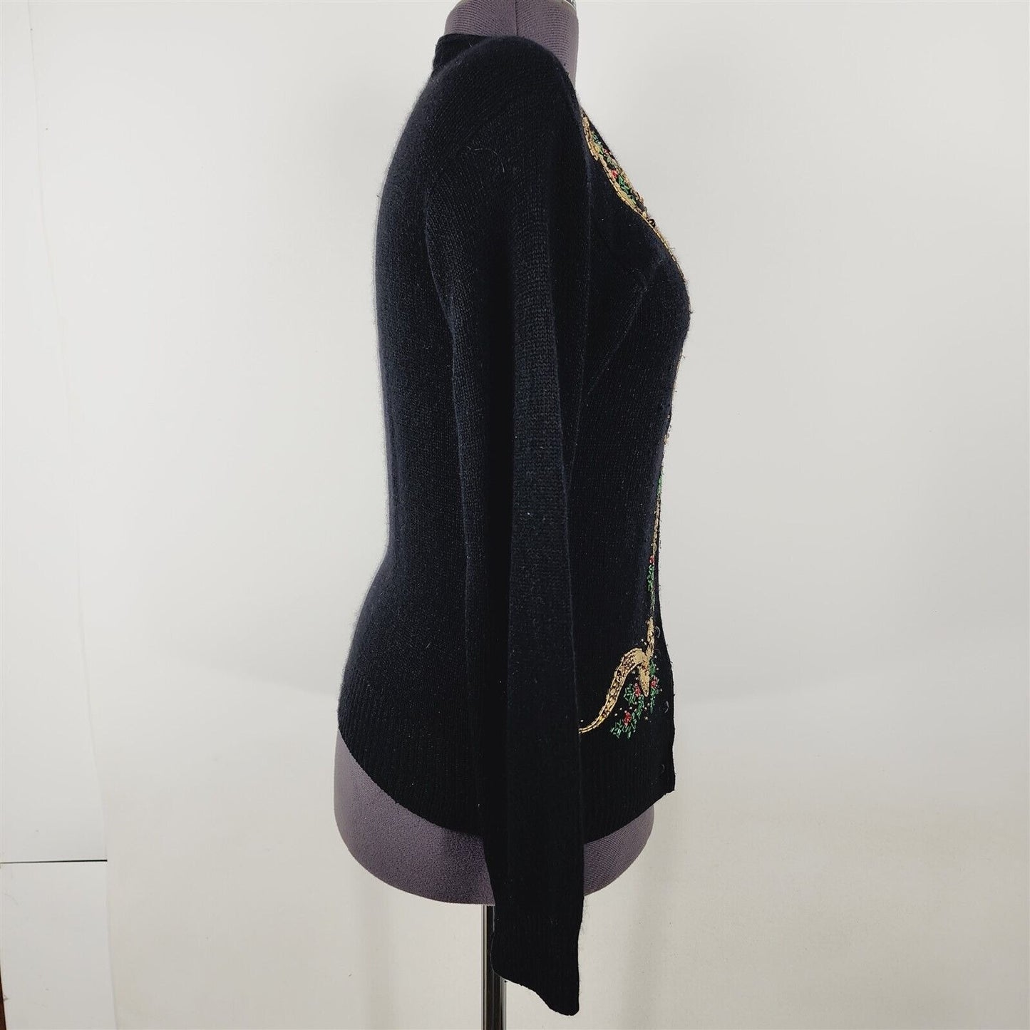 Vintage Black Christmas Cardigan Sweater Gold Bows Holly Size M