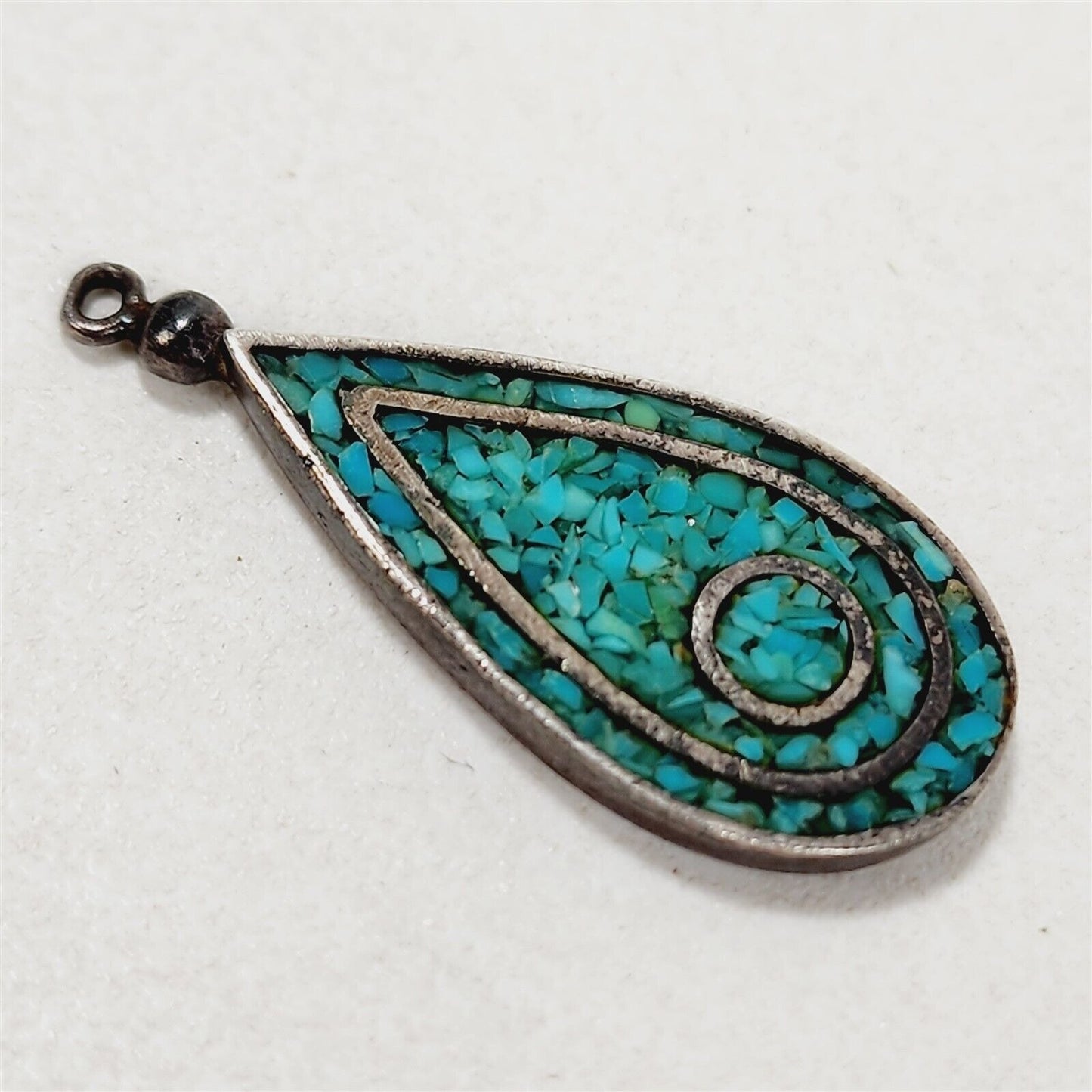 Vintage Sterling Silver Crushed Turquoise Teardrop Pendant