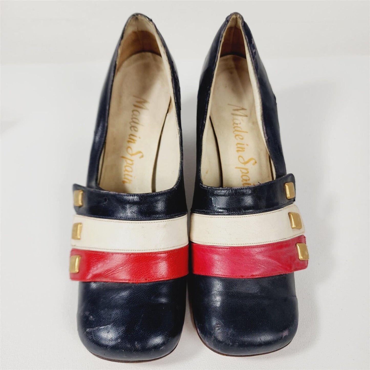 Vintage Made in Spain Red White & Blue Leather Heels Square Toe Shoes Size 6 AA