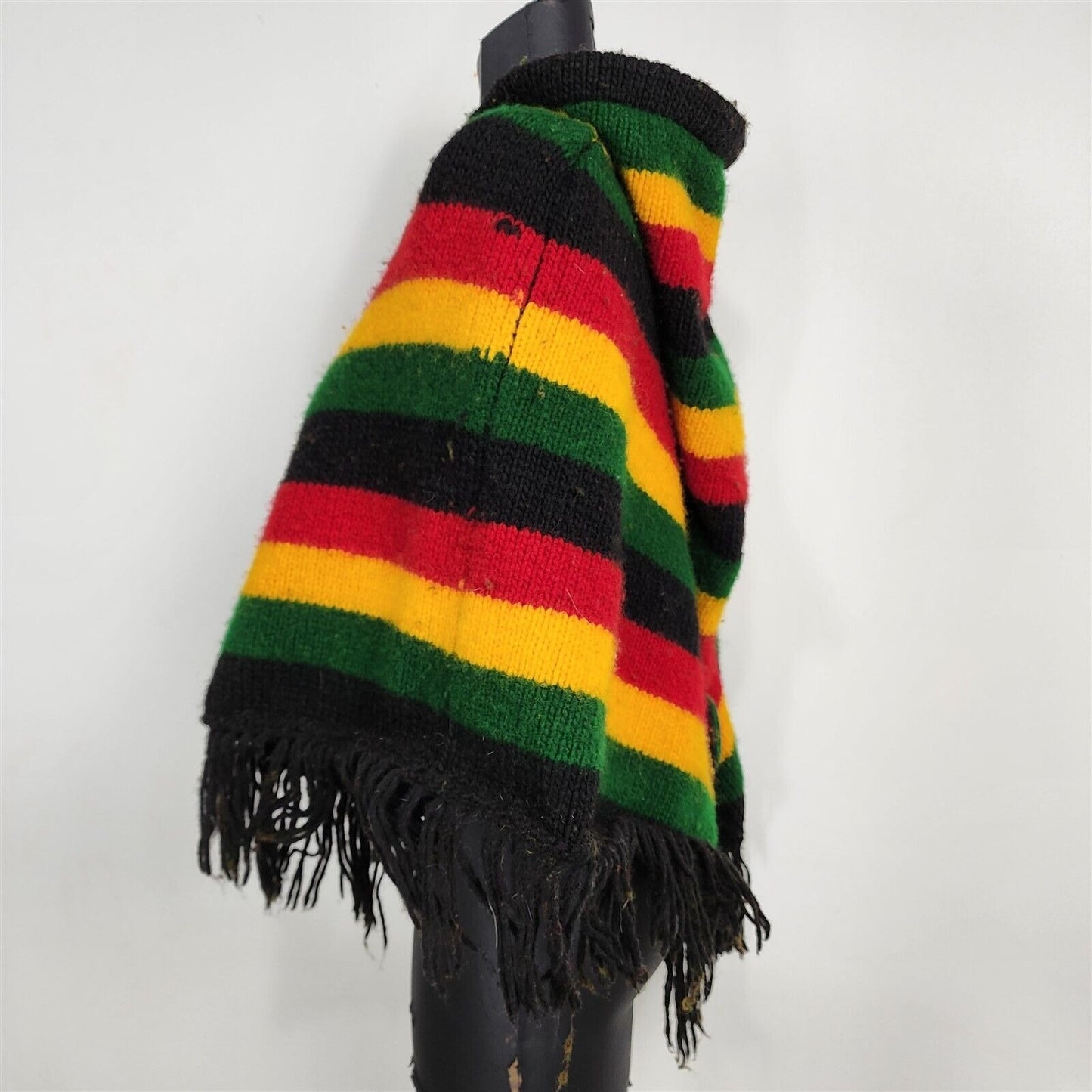 Vintage Red Yellow Green Black Striped Hooded Poncho Fringe Wool Made in Ecuador