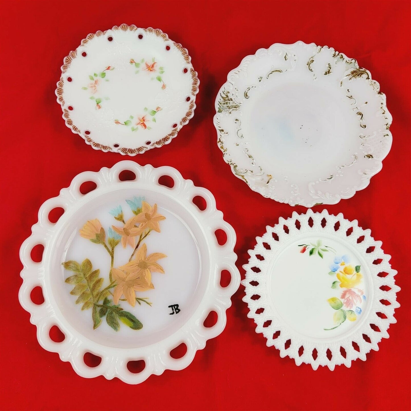 4 Vintage Milk Glass Plates Floral Painted Pierced Lace Scroll