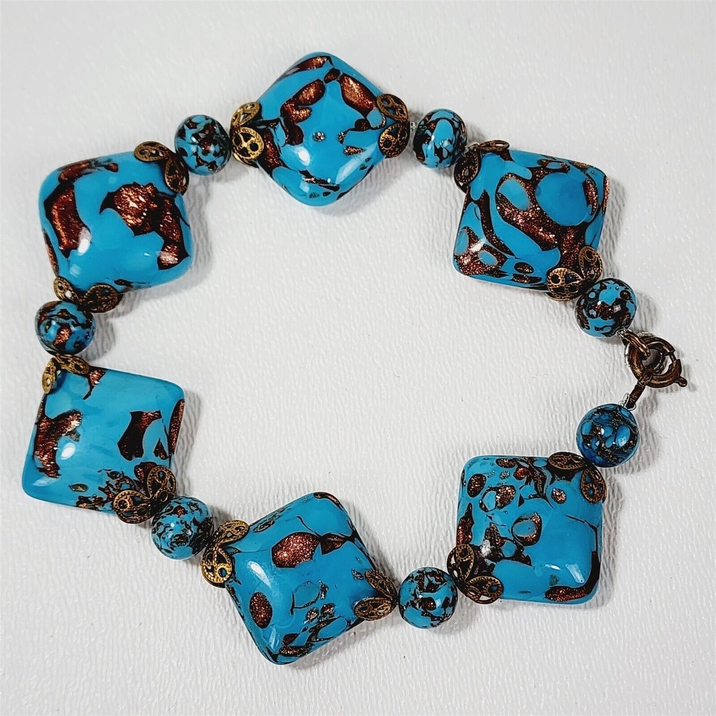 Vintage Venetian Murano Copper Swirl Blue Art Glass Beaded Necklace Bracelet Set